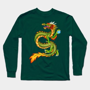 Colorful Cartoon Green Chinese Dragon Long Sleeve T-Shirt